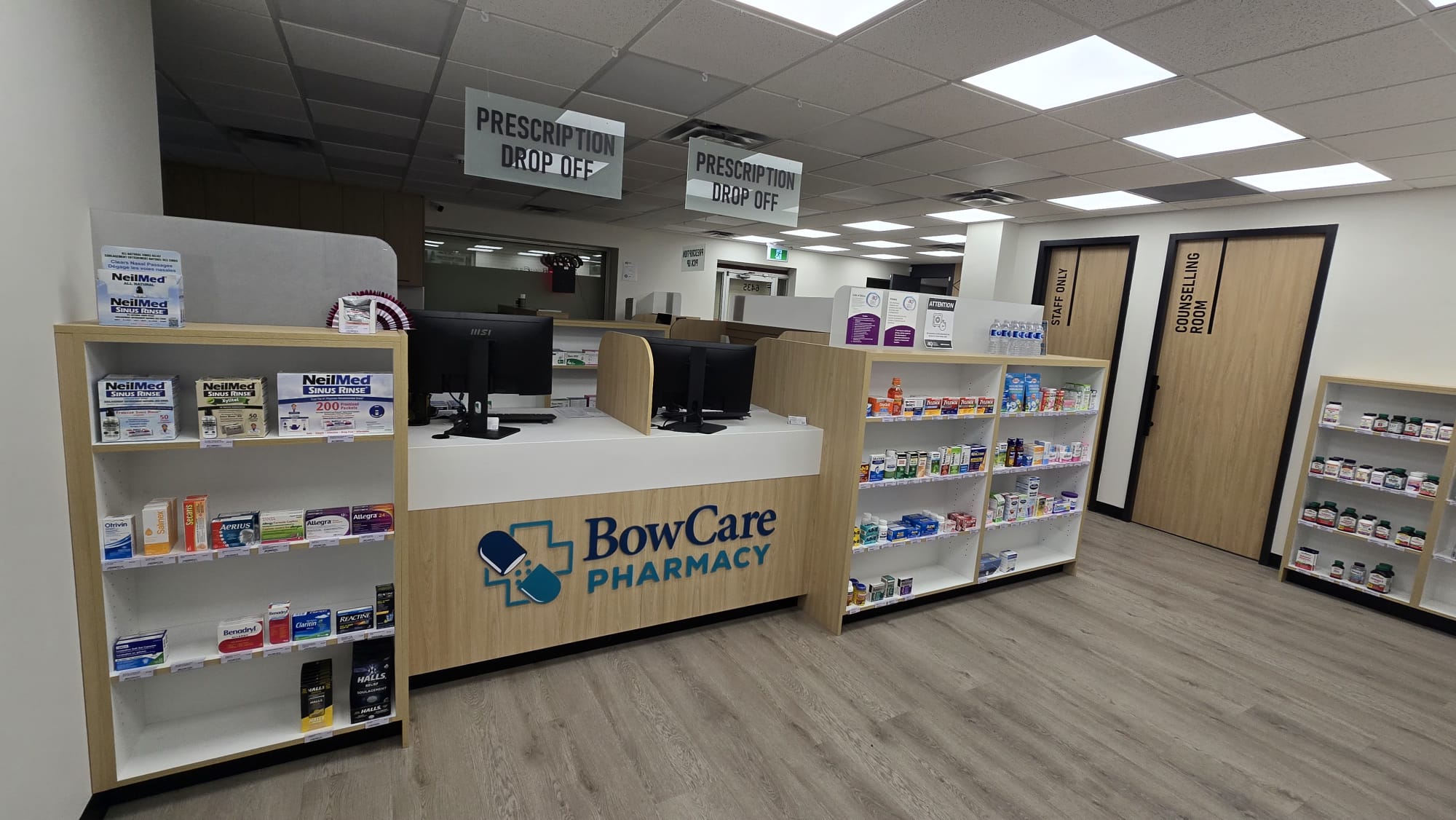 Bow Care Pharmacy front counter and retail shelving, Bowness Calgary