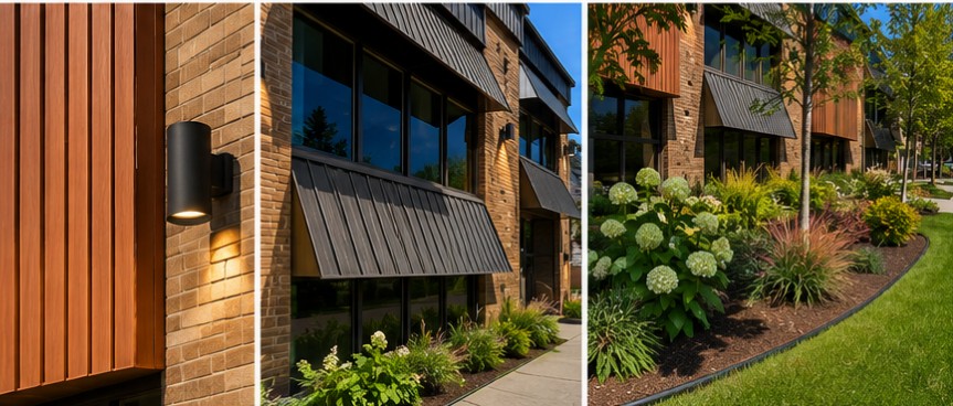 Nanton Apartments detail collage of wood cladding, windows, and landscaping