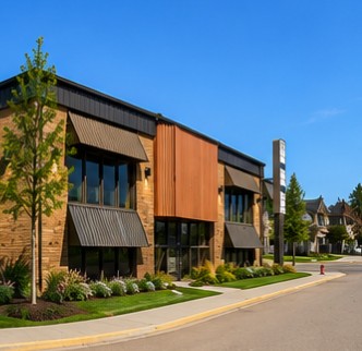 Nanton Apartments front exterior, wider street view