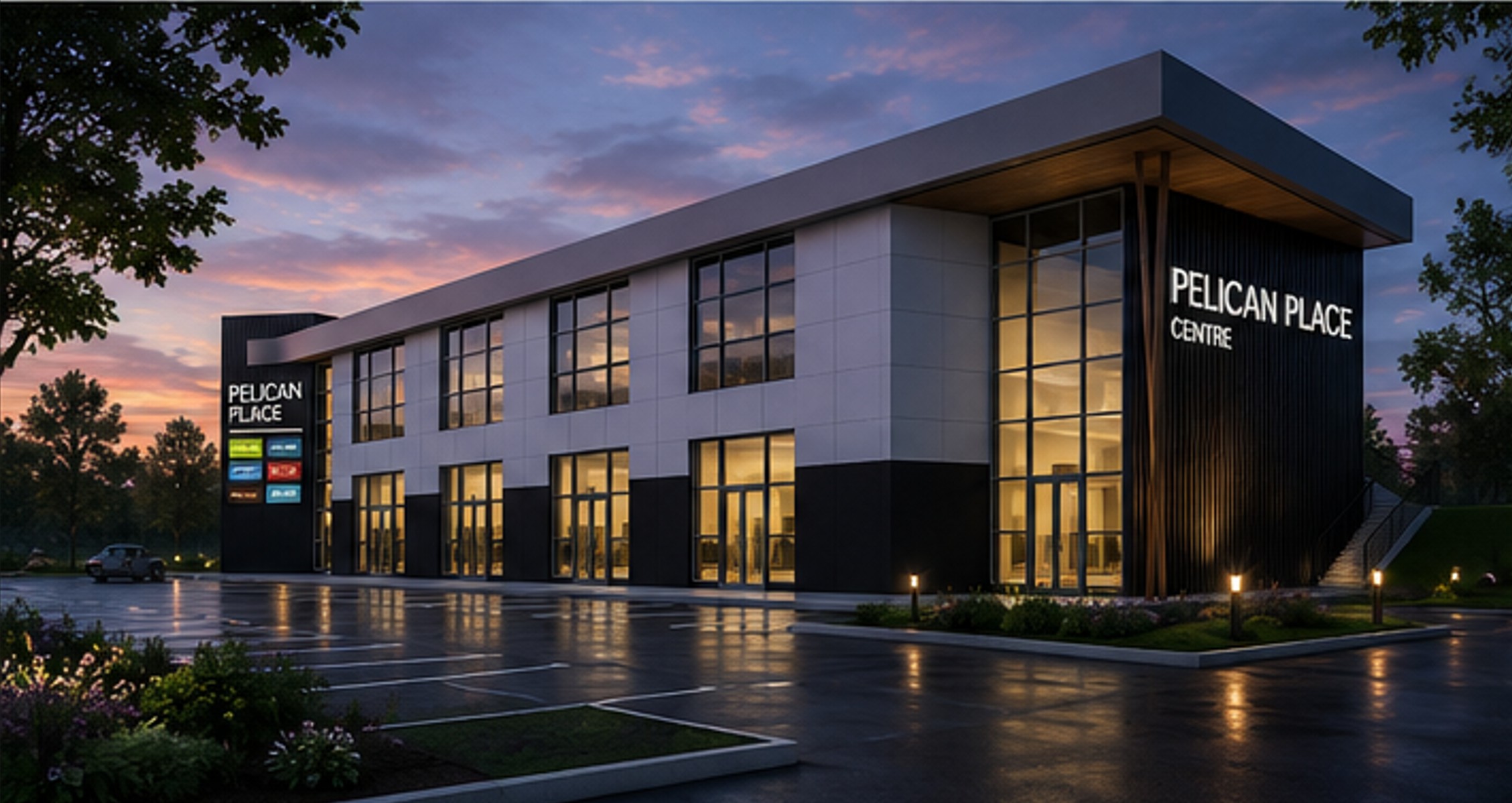 Pelican Place Commercial Centre at dusk — Sylvan Lake, Alberta